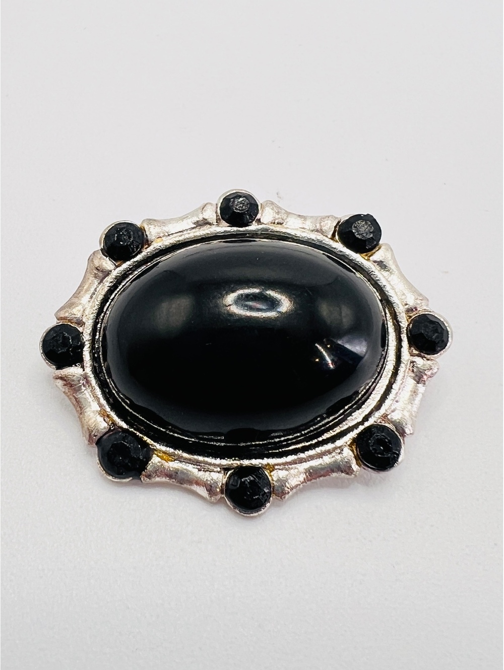 Vintage Black Cabochon Brooch Silver Tone Black Rhinestone Oval Pin